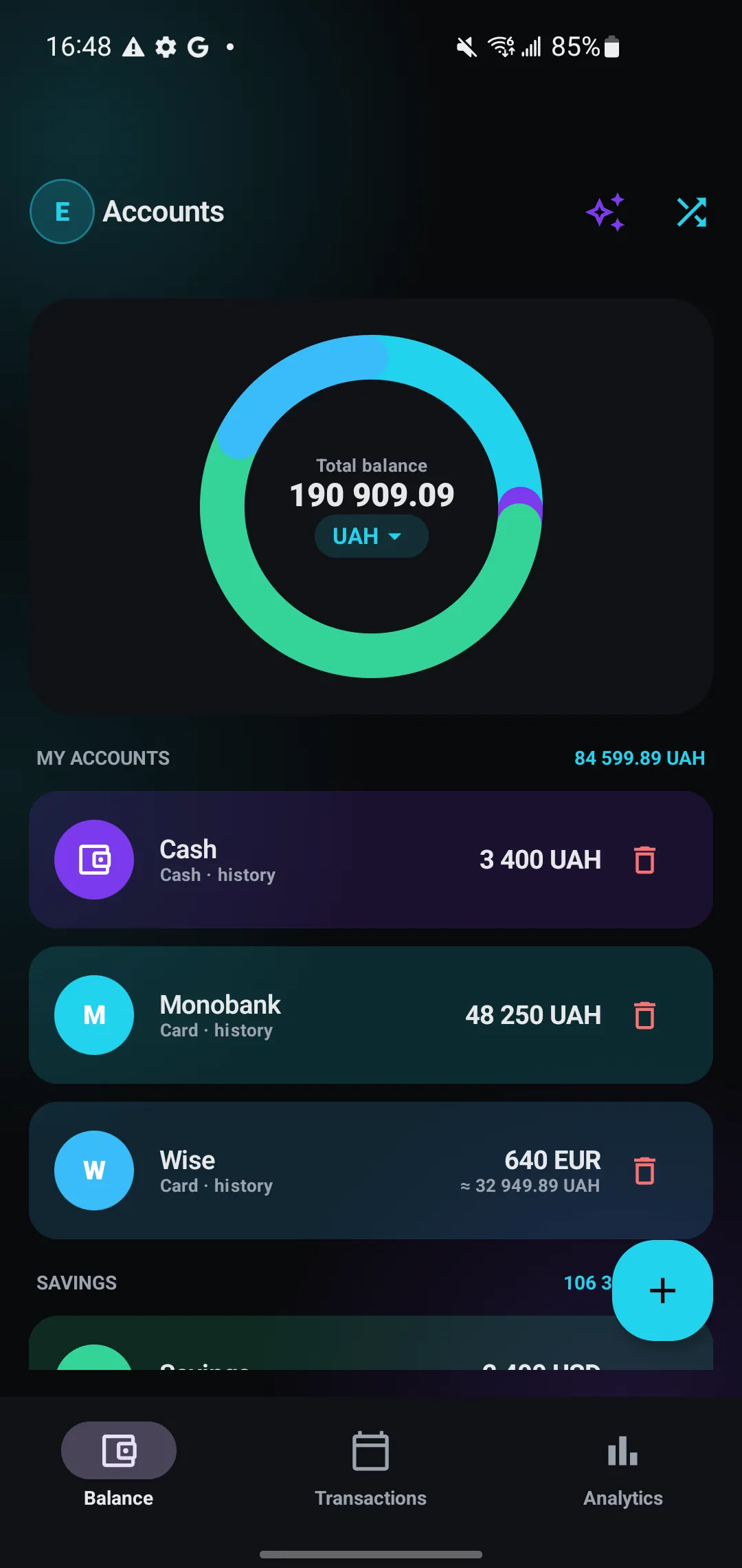 Kosht accounts screen: four accounts in three currencies and one total.