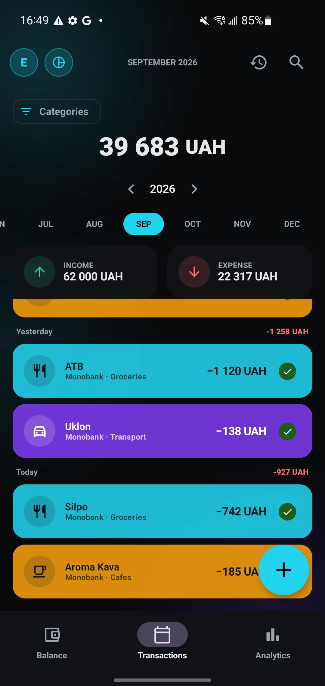 A month of transactions grouped by day