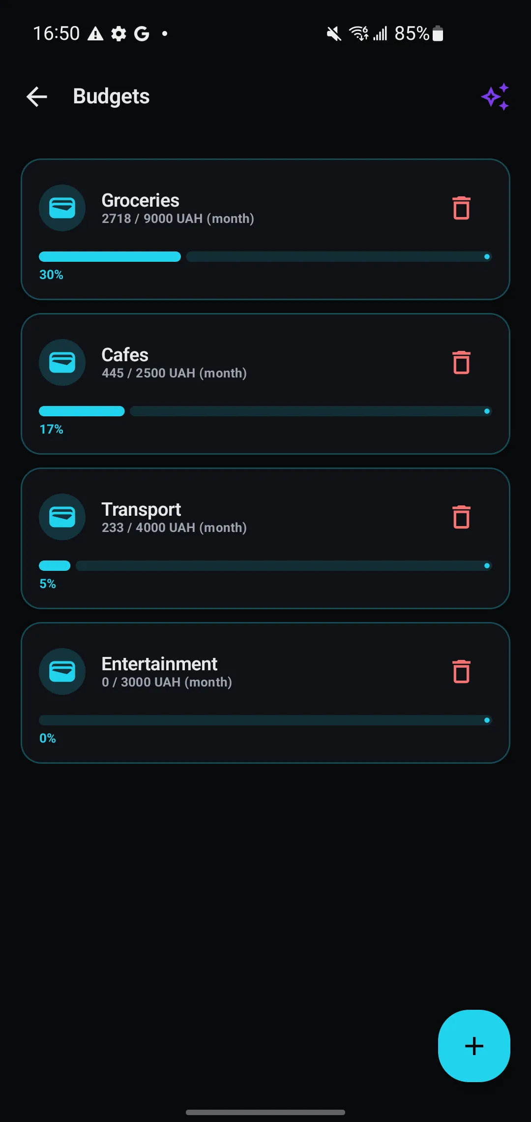Budget screen showing what is left in each category